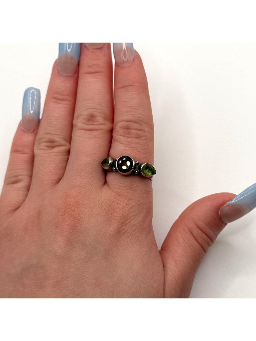 Sterling Silver Ring With Green And Red Gemstones Handmade 7.5
